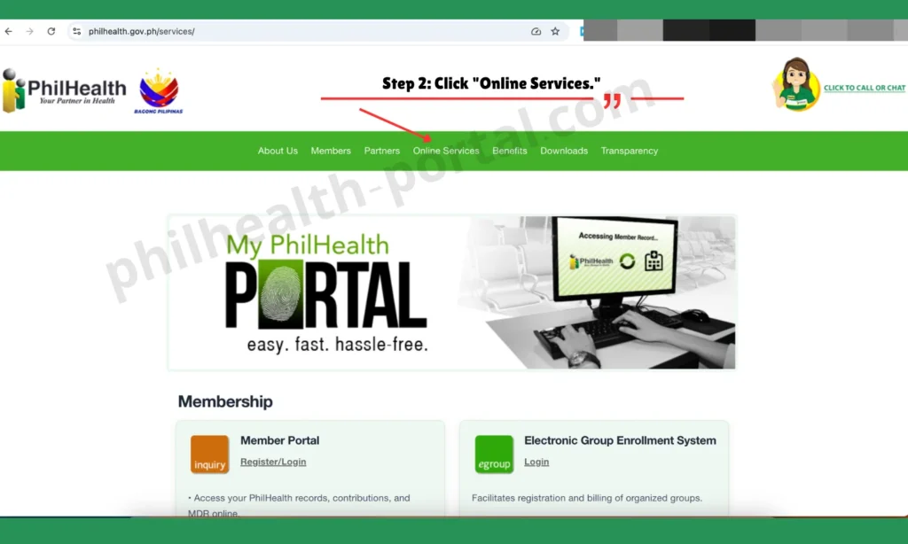 Philhealth online register Step 2: Click "Online Services."