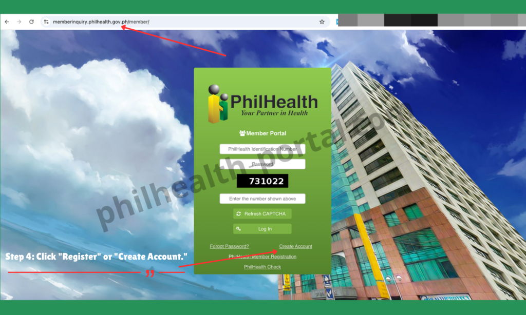 Philhealth online register Step 4: Click "Register" or "Create Account." 