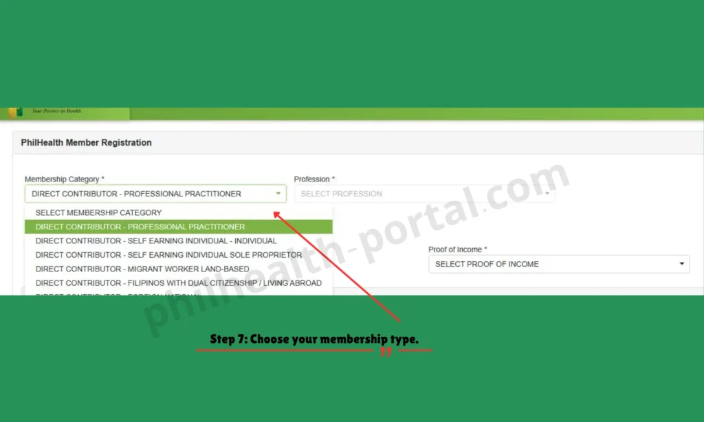 Philhealth online register Step 7: Choose your membership type.