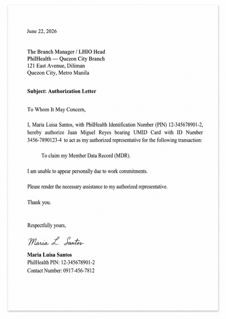 Sample Authorization Letter for PhilHealth (English Version)