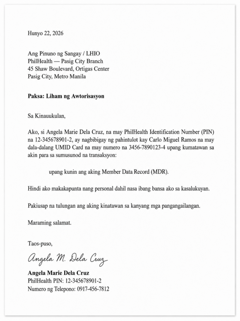 Sample Authorization Letter for PhilHealth (Tagalog Version)